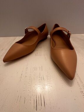 Stuart Weitzman Pointed Mary Jane Flats in Tan Leather